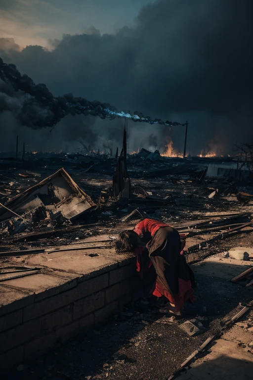 FALLEN ANGEL, pesadelo, horripilante, estilo asteca, A surreal representation , sentado tristemente, na dor, (olhos lacrimejantes, Camera-focused face), A sense of clutter,  Rosto empoeirado e tecido, (A city in the background destroyed by fire, Human bodies on the ground, algumas pessoas chorando, Demolished buildings), ultra-detalhado, cores vibrantes, sombras pretas e cinzas, Imagens altamente emocionais, surrounded by swirling black smoke against a dark, fundo assombroso.