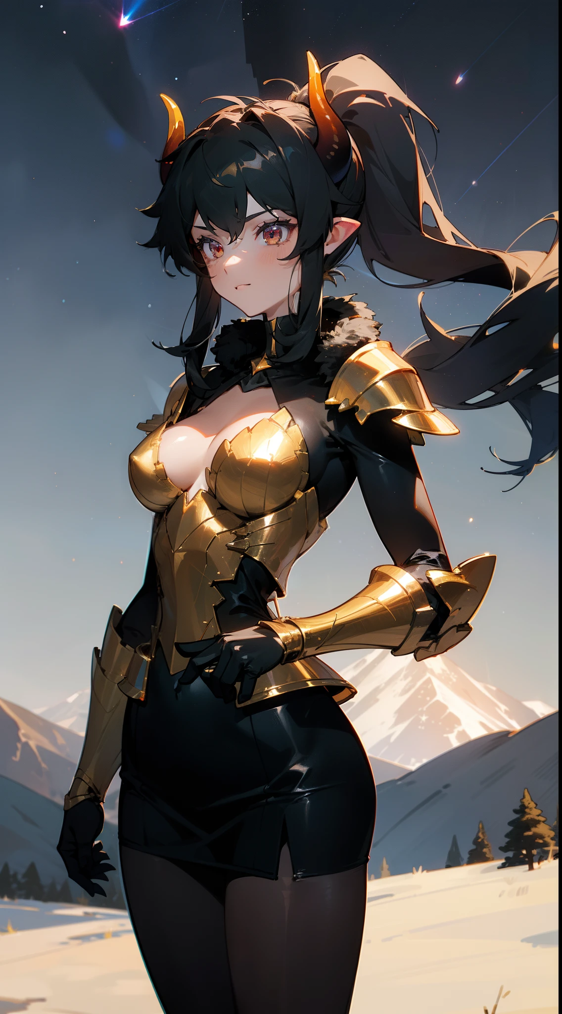 1girl ,20s,mature female,happy,(((black pantyhoses))),medium tits,black hair,((high ponytail)),long hair,red eyes,pointy ears,horns,black gloves,(cleavage),((black pencil skirt)),(((standing, grasss,trees,mountains,night sky,starry sky))),cowboy shot,from front,(golden pauldron,golden gauntlets,golden shoulder armor),dynamic pose,dynamic lights, god rays,masterpiece,