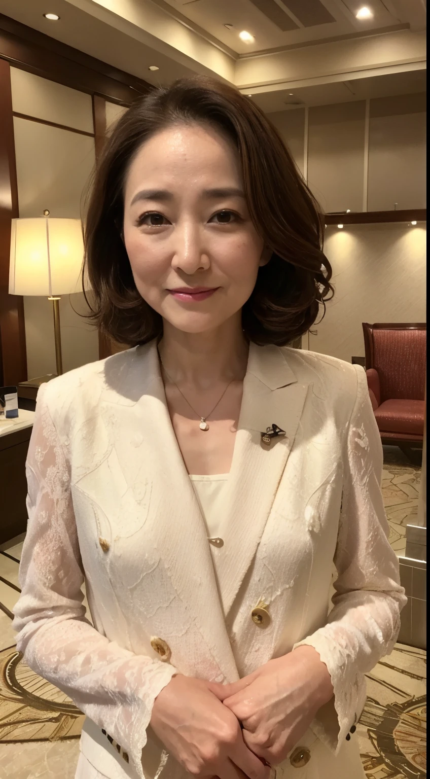 ((top-quality、8K、masterpiece:1.Photoreal Stick, foco nítido, high-level image quality, hight resolution, Portrait, japanes, Middle-aged woman, Beautie, Objects,40 years old, (a small face:1.3), (heavy make up:1.1)、Smaller chest, Bob Hair, (wetting hair:1.2), (Wrinkles at the corners of the eyes:0.6), Hotel Lobby, Feminine clothing