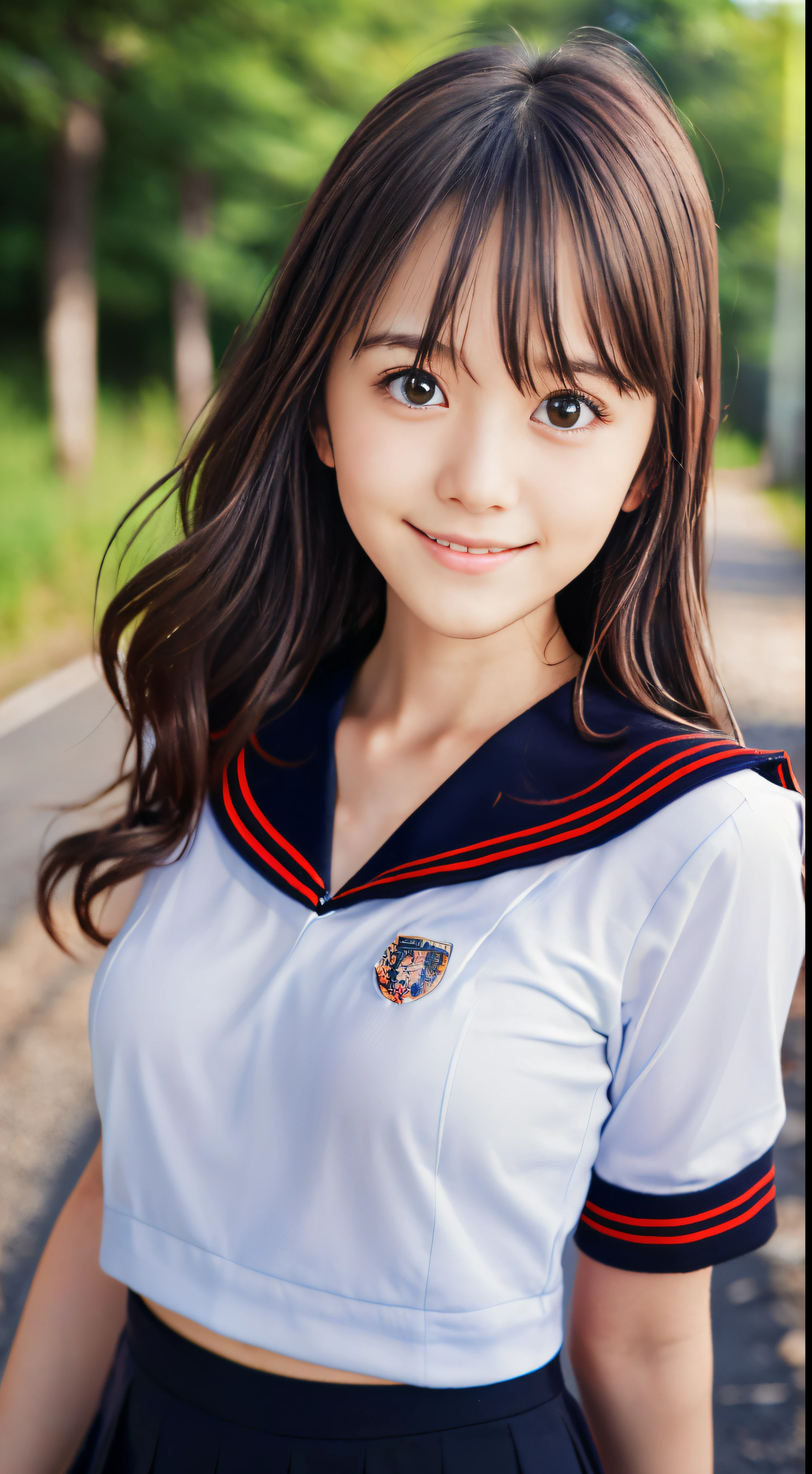 (Close-up portrait of slender small-breasted red-eyed girl、Has long light brown wavy hair in a white sailor suit with a black collar and a black skirt with red trim。 :1.5)、(the girl has fiery red eyes:1.5)、(A girl walking with a smile on a Japanese country road:1.5)、(Blurry background,:1.5)、(Perfect Anatomy:1.5)、Photorealsitic、Raw photography、masutepiece、top-quality、hight resolution、delicate and pretty、face perfect、Beautiful detailed eyes、Fair skin、Real Human Skin、((thin legs))