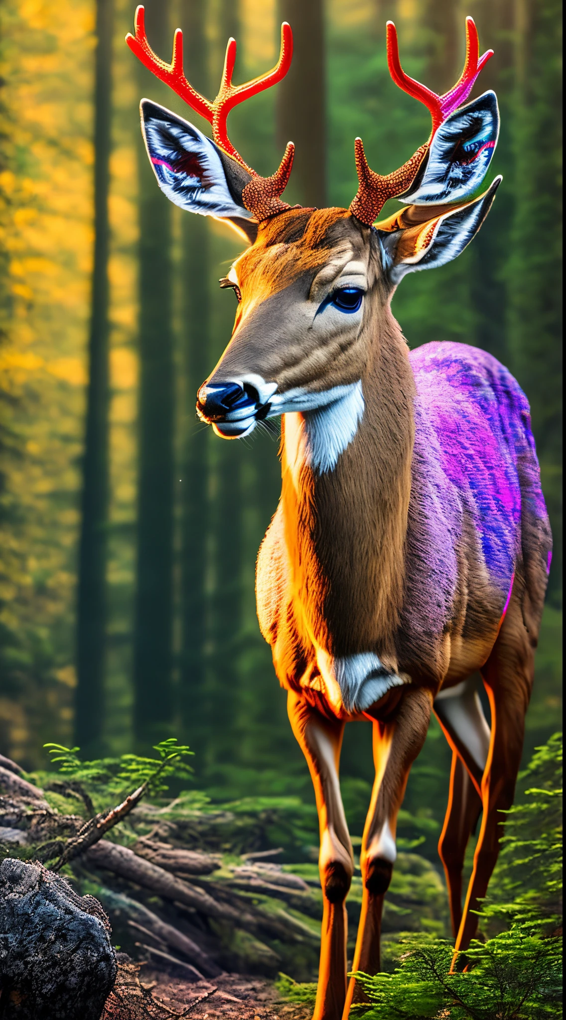 a close up of a deer with glowing antlers in a forest, 3d digital art 4k, digital art animal photo, digital artwork 4 k, holographic creatures, 4k highly detailed digital art, 8k high quality detailed art, 4k detailed digital art, 8 k ultra realistic animal, digital art 4k, digital art 4 k, detailed digital 3d art