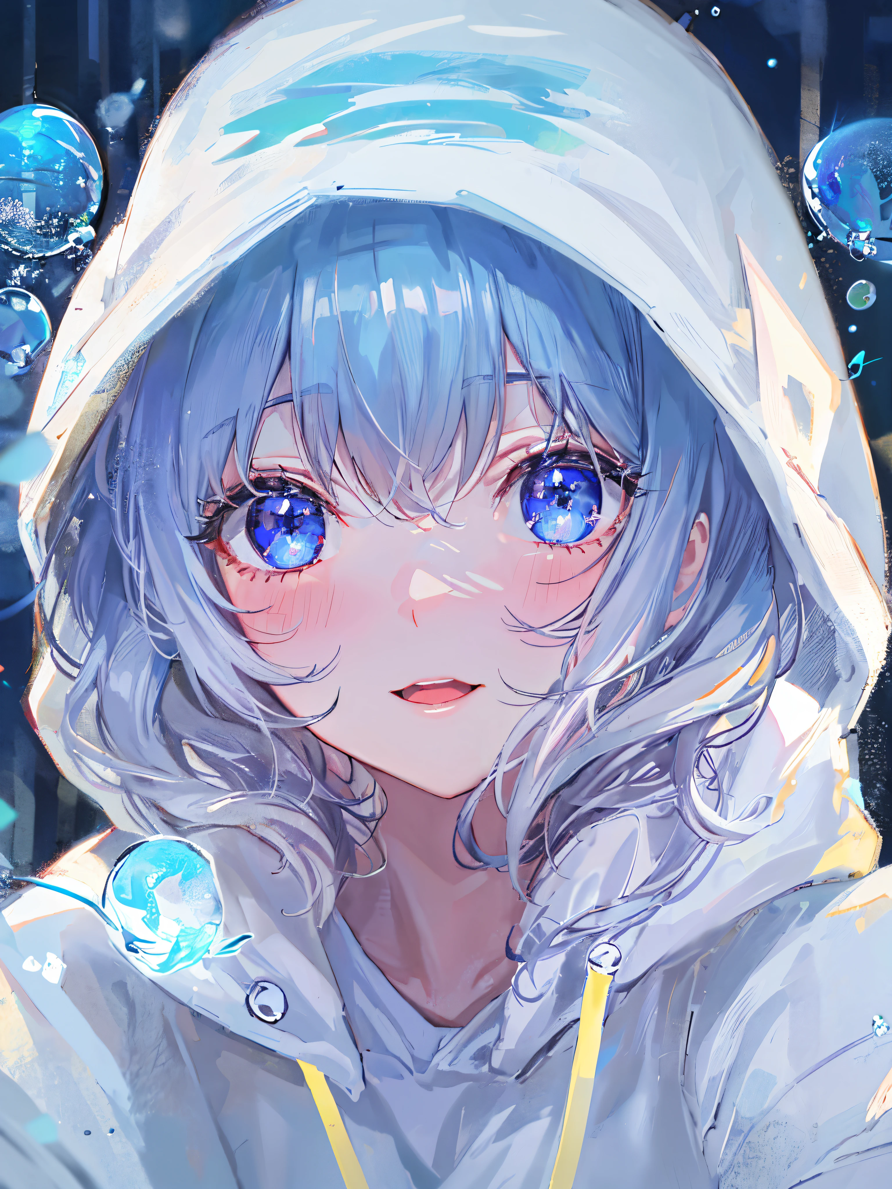 ((top-quality)), ((masterpiece)), ((ultra-detailliert)), (Extremely delicate and beautiful), girl with, 独奏, cold attitude,((White hoodie)),She is very(relax)with the(Settled down)Looks,depth of fields,Evil smile,Bubble, under the water, Air bubble,Underwater world bright light blue eyes,inner color with bright gray hair and light blue tips,,,,,,,,,,,,,,,,,,,,,,Cold background,Bob Hair - Linear Art, shortpants、knee high socks、White uniform like school uniform、Light blue ribbon ties、Clothes are sheer、The hand in my right pocket is like a sapphire,Fronllesse Blue, A small blue light was floating、fantastic eyes、selfy,Self-shot