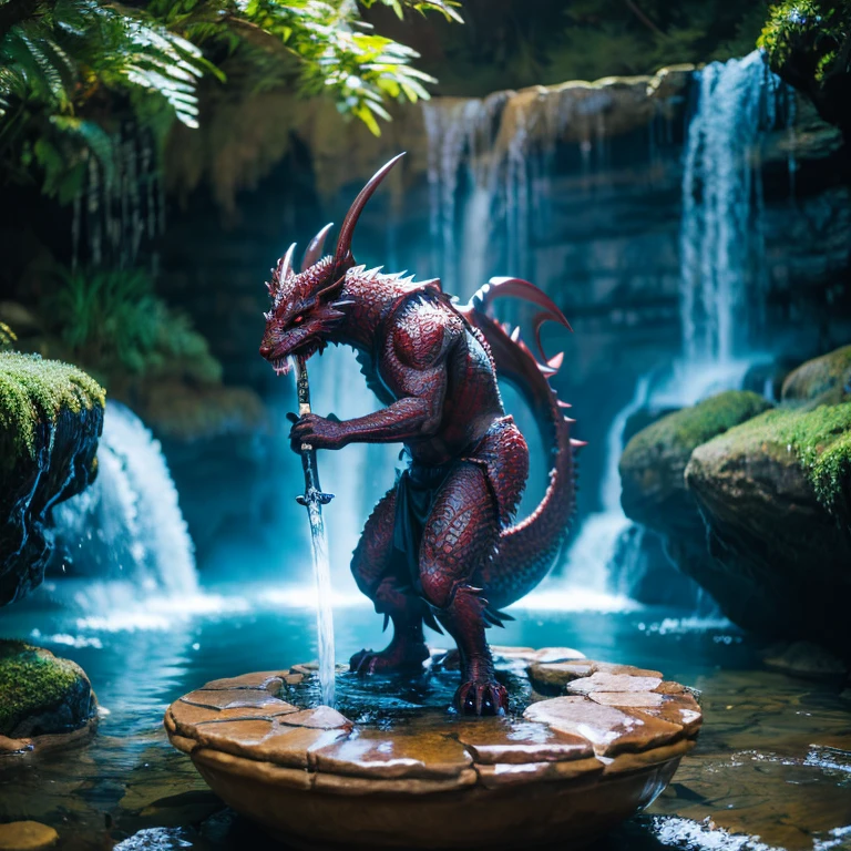 Best quality 8k covered in water、Demon with a sword looks strong (The background is a waterfall basin) Like a big dragon poised