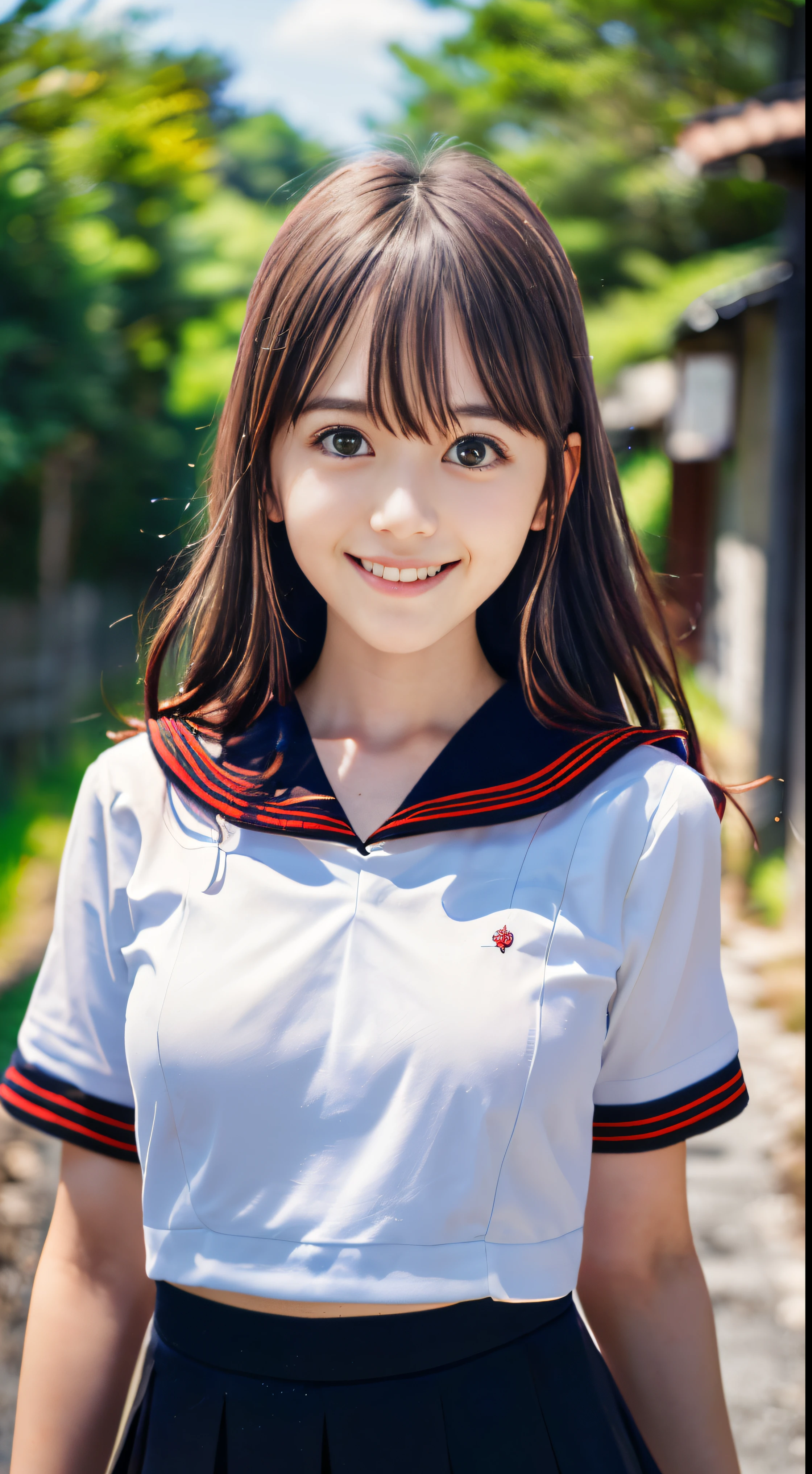 (Close-up portrait of slender small-breasted red-eyed girl、Has long light brown wavy hair in a white sailor suit with a black collar and a black skirt with red trim。 :1.5)、(the girl has fiery red eyes:1.5)、(A girl walking with a smile on a Japanese country road:1.5)、(Blurry background,:1.5)、(Perfect Anatomy:1.5)、Photorealsitic、Raw photography、masutepiece、top-quality、hight resolution、delicate and pretty、face perfect、Beautiful detailed eyes、Fair skin、Real Human Skin、((thin legs))