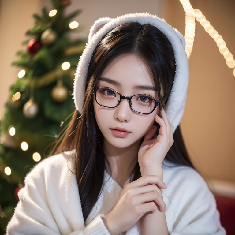 tmasterpiece, Best quality at best, The very detailed, 超高分辨率, (realisticlying:1.8), unreality_engine, photore, actual_The skin_textur, , (Ultra-detailed face), 8K, Hot topics on artstation,Very detailed Christmas,18-year-old Chinese girl wearing glasseull bodyesbian,Beautiful watercolor,Colourful,intricately detailed eyes,Stunning Milky Way Christmas Tree,Her body flawlesloating on the cloudrown hair,Holding a brown bear