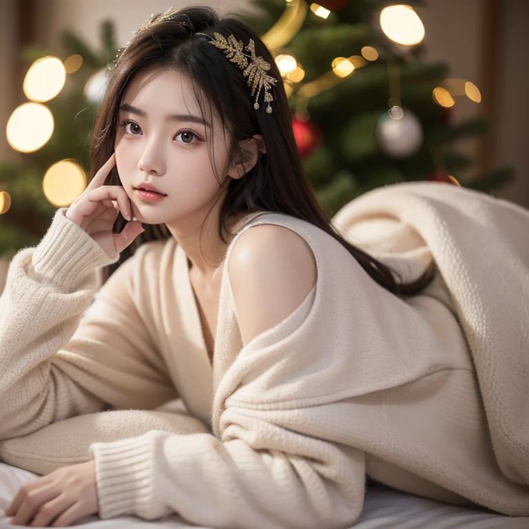 tmasterpiece, Best quality at best, The very detailed, 超高分辨率, (realisticlying:1.8), unreality_engine, photore, actual_The skin_textur, , (Ultra-detailed face), 8K, Hot topics on artstation,Very detailed Christmas,18-year-old Chinese girl wearing glasseull bodyesbian,Beautiful watercolor,Colourful,intricately detailed eyes,Stunning Milky Way Christmas Tree,Her body flawlesloating on the cloudrown hair,Holding a brown bear