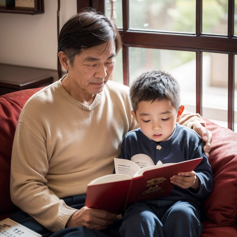 Chinese old man and his little grandson reading a book together