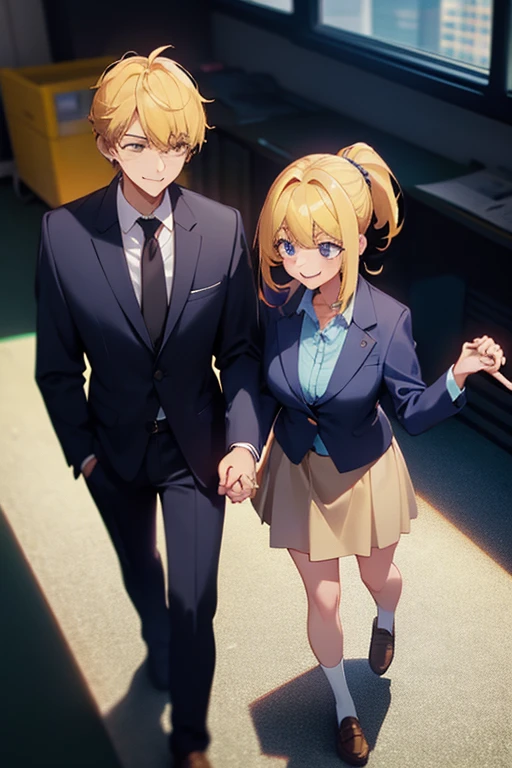 (man, wearing suit, middle-aged, office worker, tired) (woman, wearing school uniform, blonde hair, ponytail, mini skirt, smiling) (man and woman are dating, they are holding hands)
