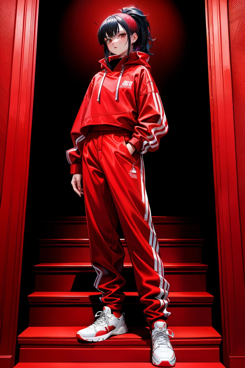 a woman standing on a set of stairs wearing a red sweat suit, red clothes, woman in streetwear, red, she wearing streetwear, y2k style, y 2 k style, wearing a red outfit, vetements, trending on r/streetwear, all red, wearing red clothes, wearing red, highly aesthetic, high waist sweatpants