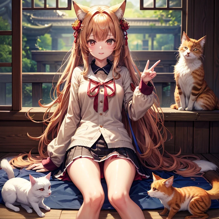 top-quality, hight resolution, 8K images,best qualtiy,hight resolution、A woman who is cute no matter who sees her、Stain cheeks red、Cat Pose、foxes、Detailed CG background、chestnut hair, bobhair、Absolute area、Looking at the camera、(Illustration ratio:1.1)、Precincts of the shrine、Beige down coat、Long sleeves、hight resolution、foco nítido