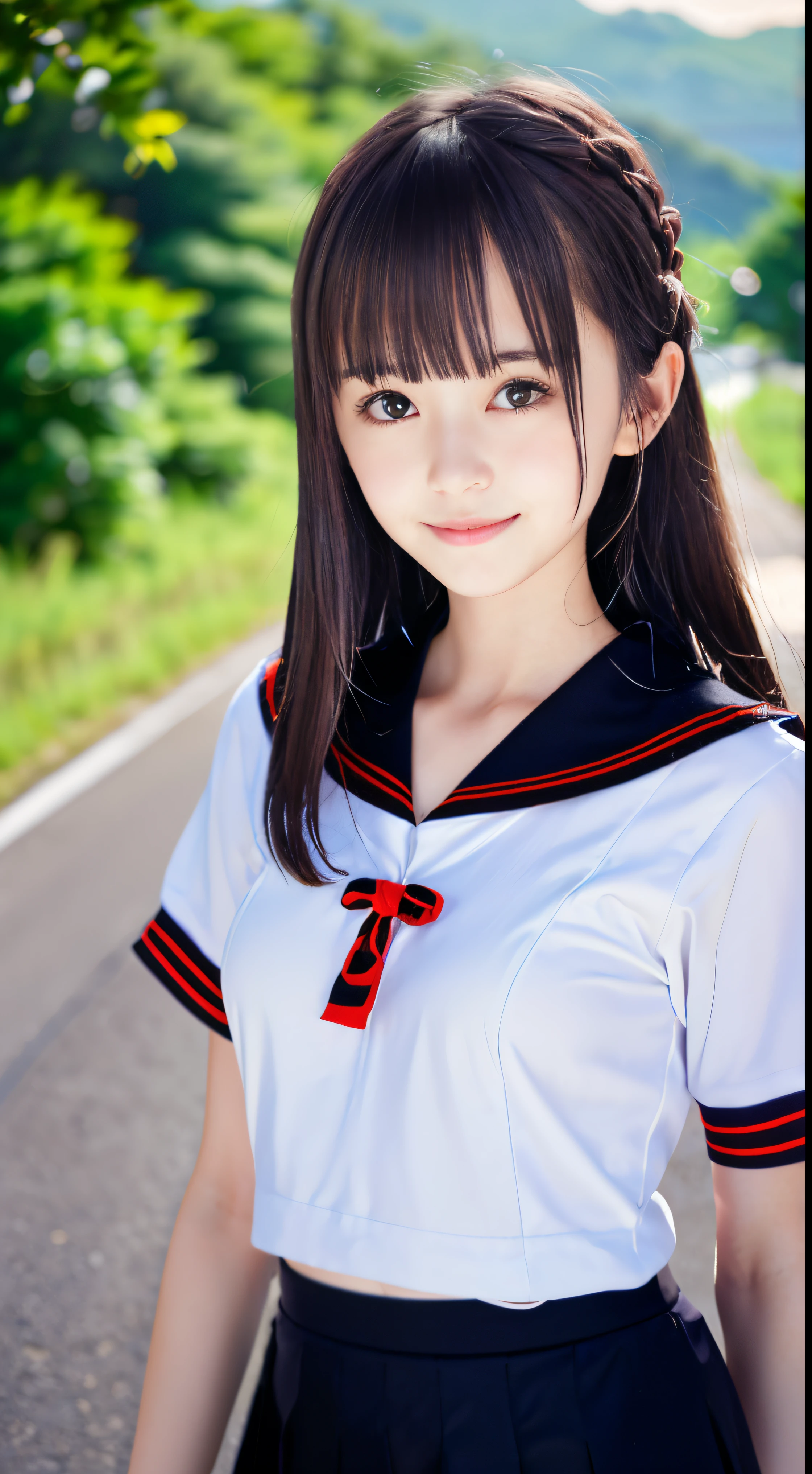 (Close-up portrait of slender small breasted girl、Has long brown hair in a half-up style with blunt bangs in a white sailor suit with a black collar and a black skirt with red trim。:1.5)、(A girl walking with a small smile on a Japanese country road:1.5)、(Blurry background,:1.5)、(Perfect Anatomy:1.5)、Photorealsitic、Raw photography、masutepiece、top-quality、hight resolution、delicate and pretty、face perfect、Beautiful detailed eyes、Fair skin、Real Human Skin、((thin legs))