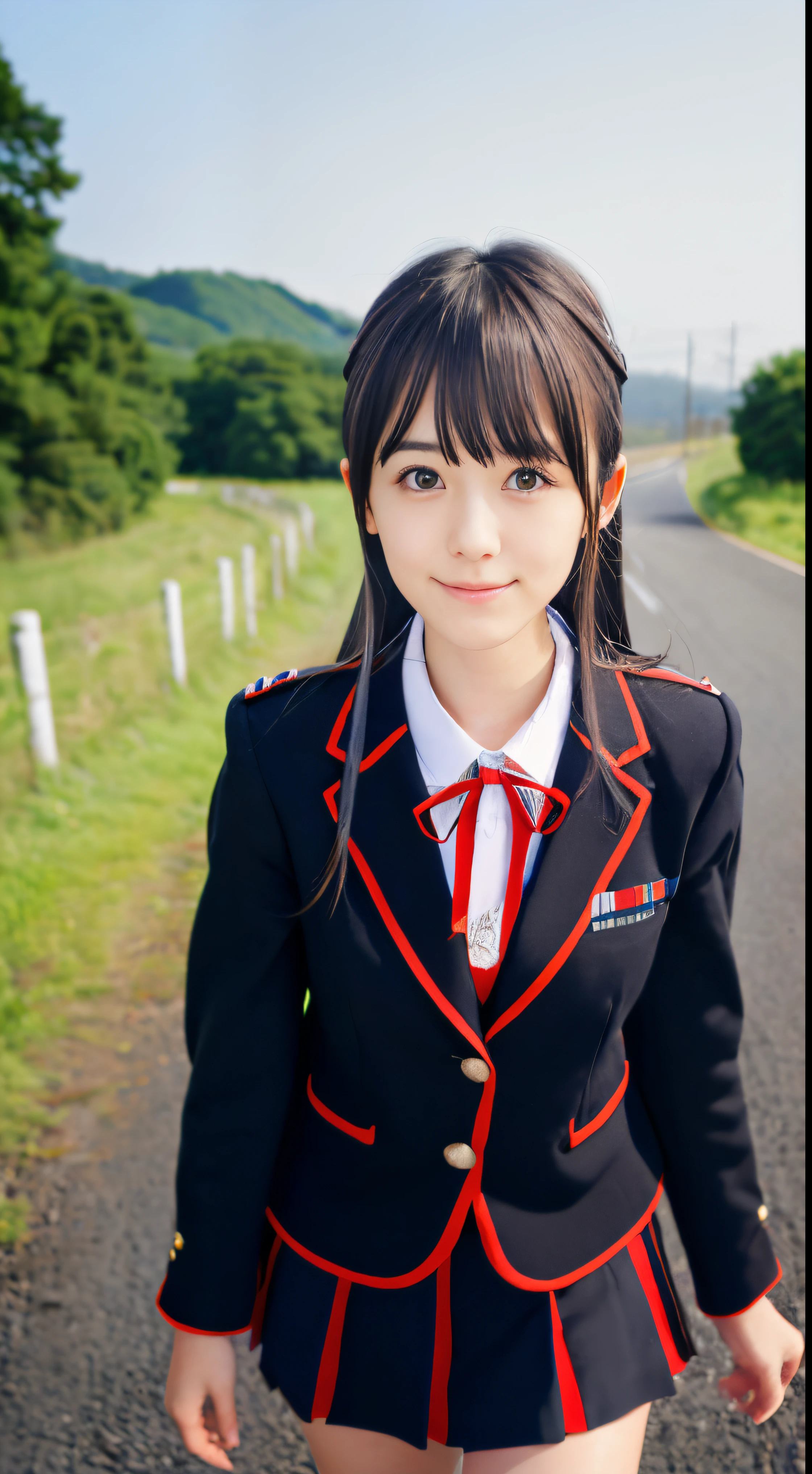 (A close-up portrait of a slender small-breasted girl、Wearing a black blazer uniform with a red cropped collar and a black skirt、I have long silver hair with swept bangs.:1.5)、(A girl walking with a small smile on a Japanese country road:1.5)、(Uniform with a black blazer and a skirt with a red edging collar:1.5)、(Blurry background:1.5)、(Perfect Anatomy:1.5)、Photorealsitic、Raw photography、masutepiece、top-quality、hight resolution、delicate and pretty、face perfect、Beautiful detailed eyes、Fair skin、Real Human Skin、((thin legs))