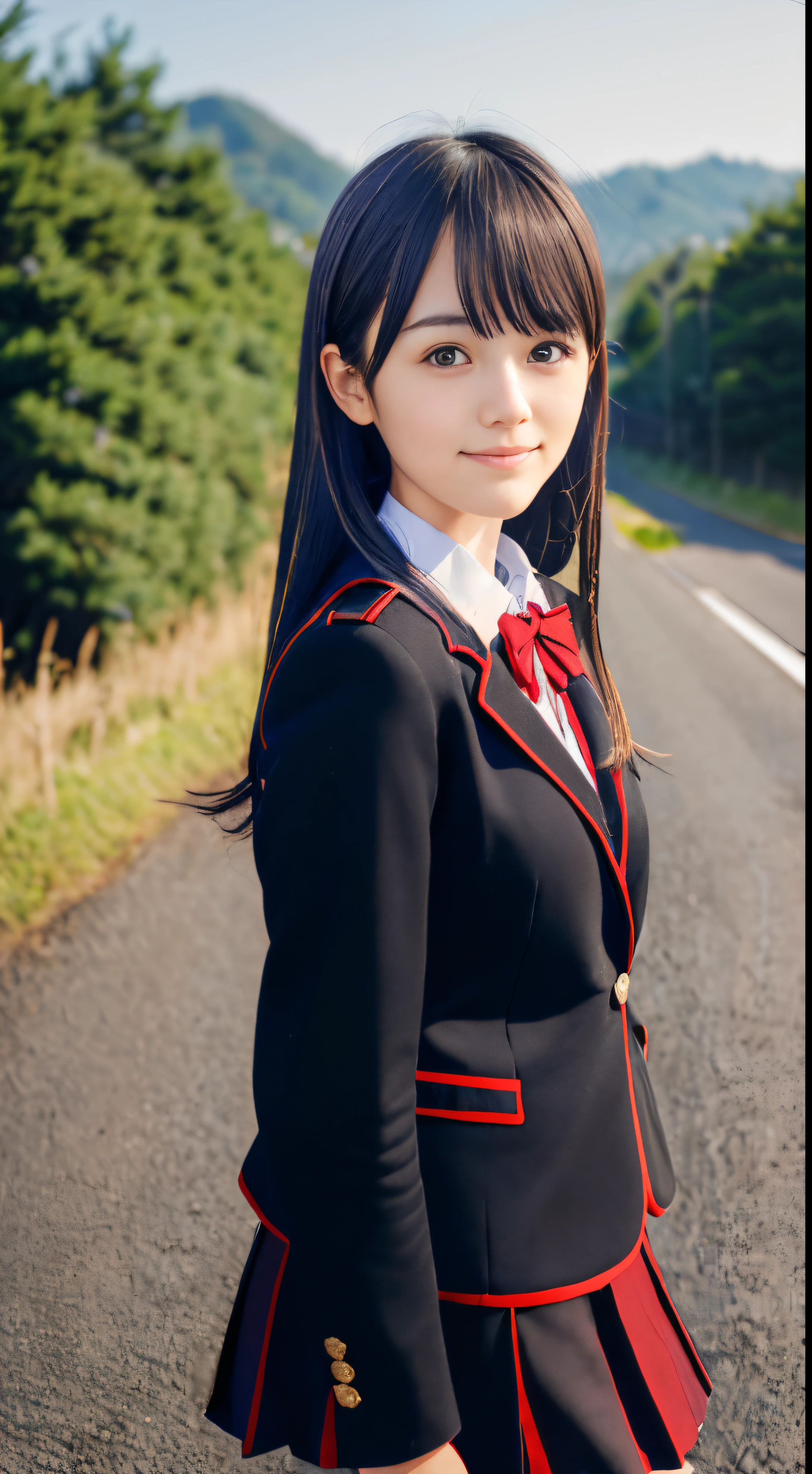 (A close-up portrait of a slender small-breasted girl、Wearing a black blazer uniform with a red cropped collar and a black skirt、I have long silver hair with swept bangs.:1.5)、(A girl walking with a small smile on a Japanese country road:1.5)、(Uniform with a black blazer and a skirt with a red edging collar:1.5)、(Blurry background:1.5)、(Perfect Anatomy:1.5)、Photorealsitic、Raw photography、masutepiece、top-quality、hight resolution、delicate and pretty、face perfect、Beautiful detailed eyes、Fair skin、Real Human Skin、((thin legs))