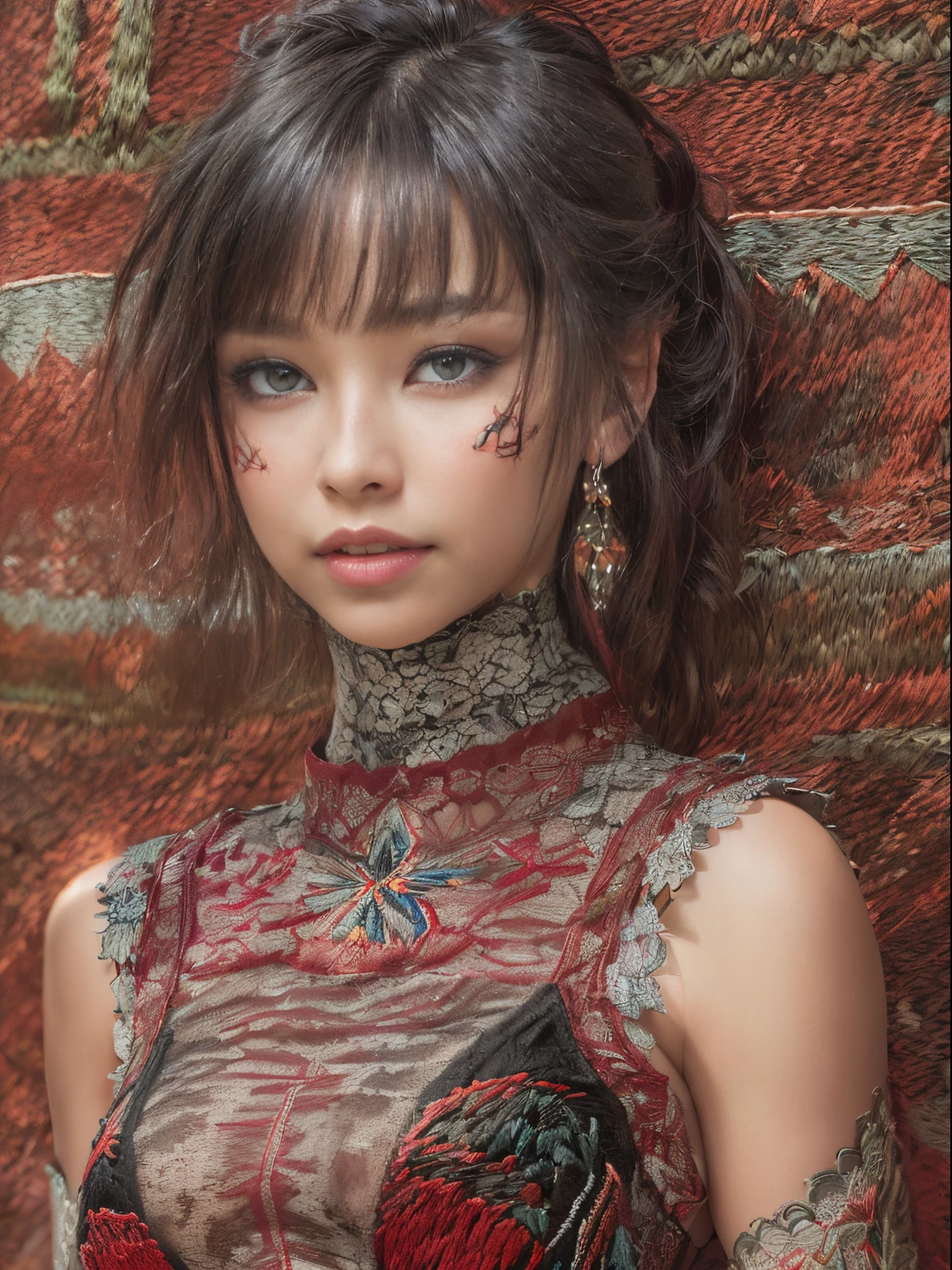 (masutepiece:1.3), ultra-detailliert, 超A high resolution, (Realistic, photographrealistic:1.37), High detail RAW color, 1 18-year-old girl, ((Cowboy Shot)), (Perfect proportions), (Anatomically correct), ((view the viewer)), (Smile), (hair random style, Color: Red), (((Intricate designs and multilayer patterns, embroidered lace tank top: 1.4))) Black, white, Color, ((((Red, Black Mini Skirt Embroidered Lace, Intricate designs and multilayer patterns, Erotic, Beautiful, amazing style)))), ((Valley exposure, underboob:1.7)), (((lace stockings with garters, string trim, Embroidery lace))), ((beautiful cheekbones)), Attention to detail, Double eyelids, On the streets of the big city