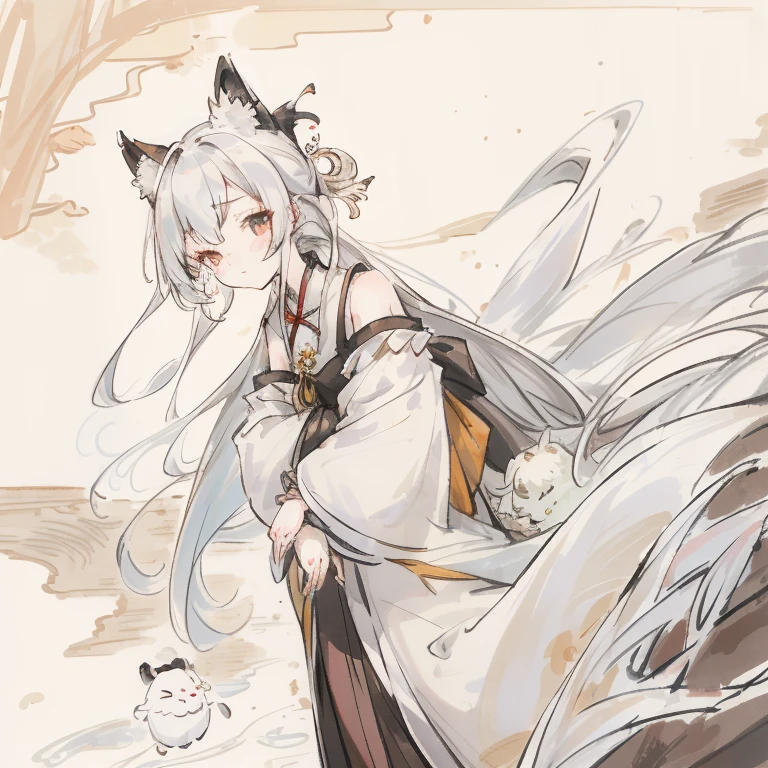 ((4K,tmasterpiece,Best quality at best)),ink wash style, Traditional chinese painting, , long  skirt，1 girl, 独奏, White hair, Long gray hair, fox ear,   exquisite facial features，, ，cropped shoulders，upper legon water），That bird，curling，Small river，（photo of landscape），external，（bamboos）