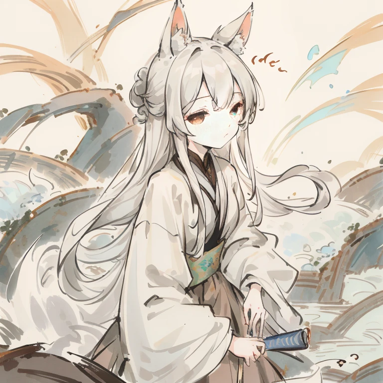 ((4K,tmasterpiece,Best quality at best)),ink wash style, Traditional chinese painting, , long skirt,1 girl, 独奏, White hair, Long gray hair, fox ear, exquisite facial features,, ,cropped shoulders,upper legon water),That bird,curling,Small river,(photo of landscape),external,(bamboos)