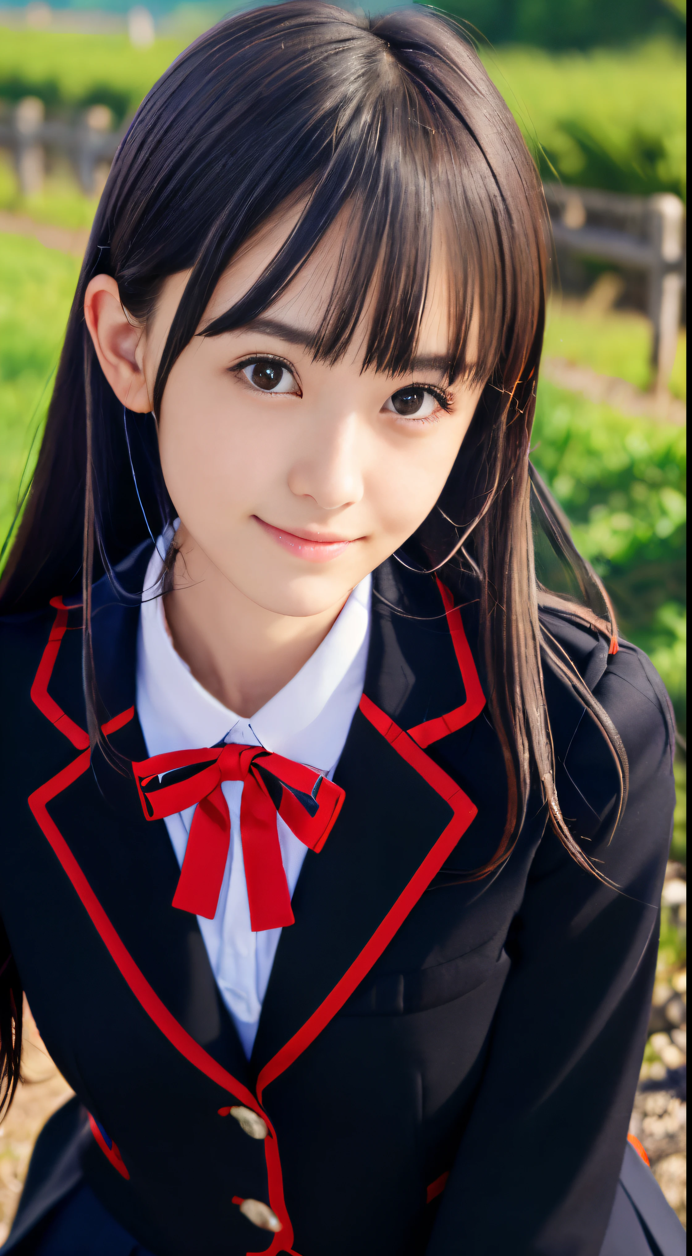 (A close-up portrait of a slender small-breasted girl、Wearing a black blazer uniform with a red cropped collar and a black skirt、I have long silver hair with swept bangs.:1.5)、(A girl walking with a small smile on a Japanese country road:1.5)、(Uniform with a black blazer and a skirt with a red edging collar:1.5)、(Blurry background:1.5)、(Perfect Anatomy:1.5)、Photorealsitic、Raw photography、masutepiece、top-quality、hight resolution、delicate and pretty、face perfect、Beautiful detailed eyes、Fair skin、Real Human Skin、((thin legs))