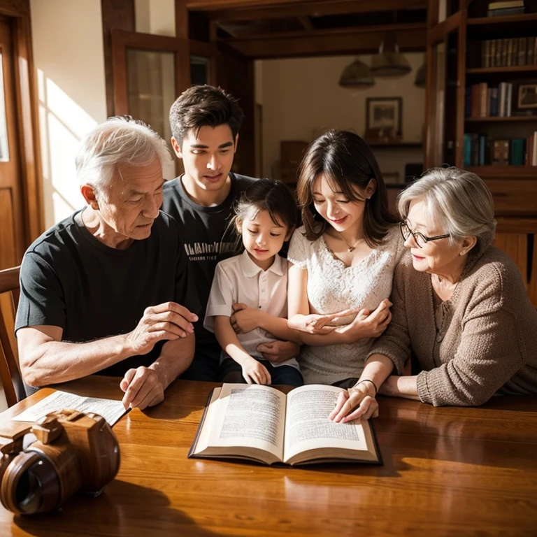 Grandparents and grandchildren read a scroll together