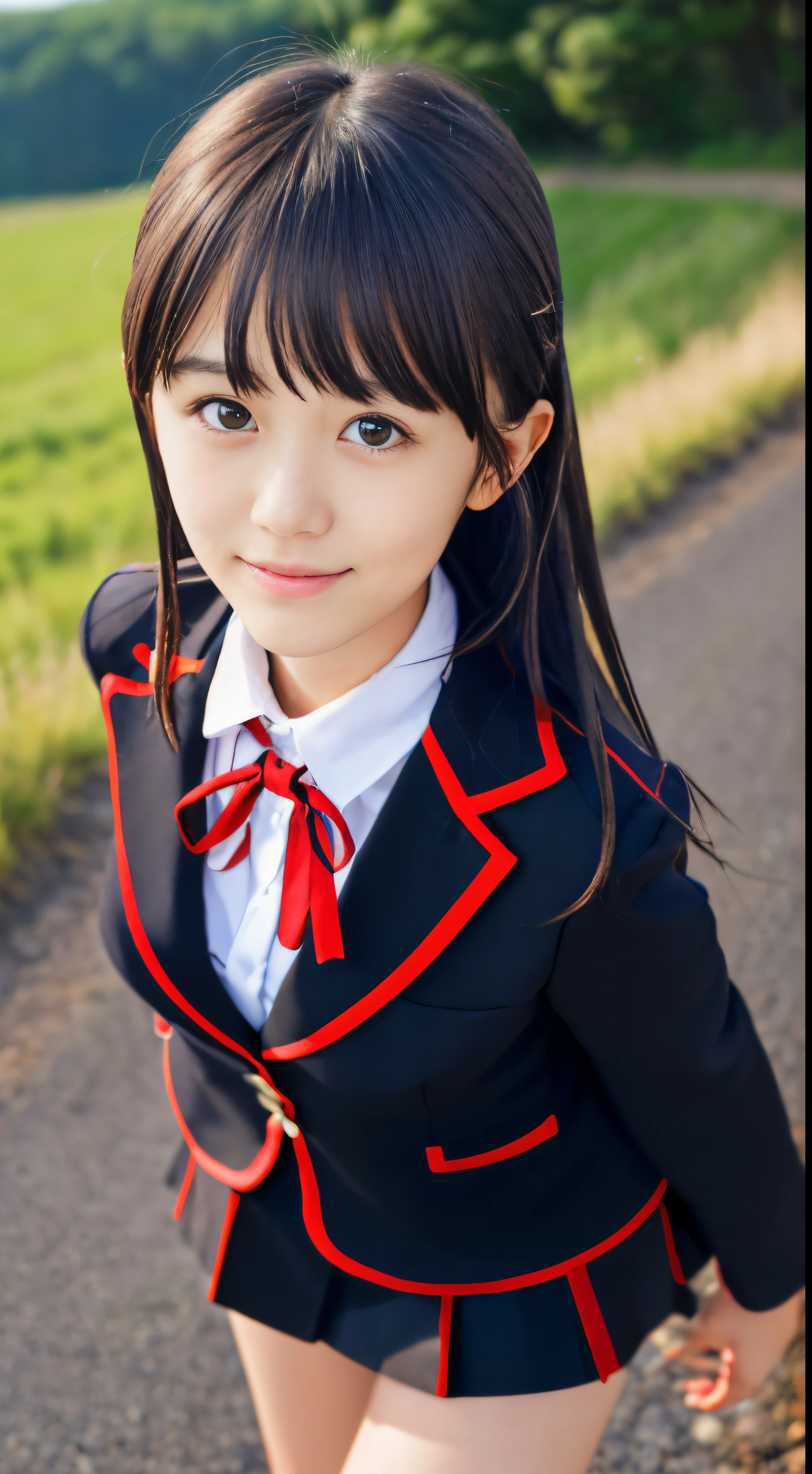 (A close-up portrait of a slender small-breasted girl、Wearing a black blazer uniform with a red cropped collar and a black skirt、I have long silver hair with swept bangs.:1.5)、(A girl walking with a small smile on a Japanese country road:1.5)、(Uniform with a black blazer and a skirt with a red edging collar:1.5)、(Blurry background:1.5)、(Perfect Anatomy:1.5)、Photorealsitic、Raw photography、masutepiece、top-quality、hight resolution、delicate and pretty、face perfect、Beautiful detailed eyes、Fair skin、Real Human Skin、((thin legs))
