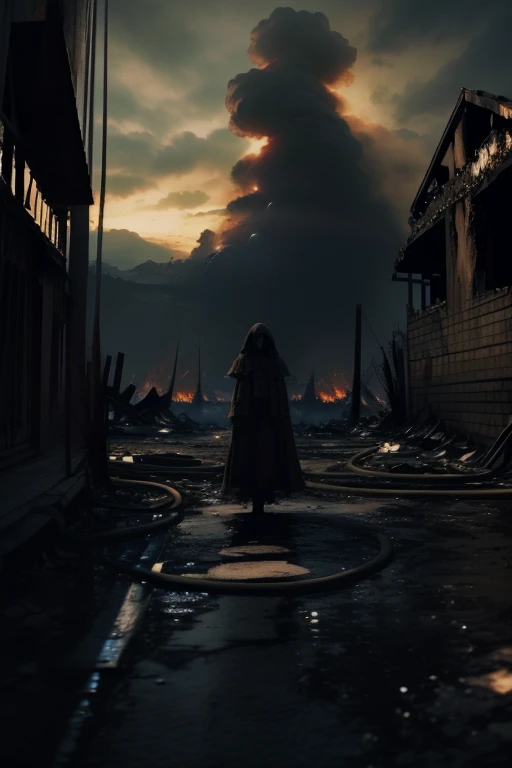 anjo, ethereal, espiritual, asas abertas, pesadelo, horripilante, estilo asteca, A surreal representation , sentado tristemente, na dor, (olhos lacrimejantes, Camera-focused face), A sense of clutter, Rosto empoeirado e tecido, (A city in the background destroyed by fire) cores vibrantes, sombras pretas e cinzas, Imagens altamente emocionais, surrounded by swirling black smoke against a dark, fundo assombroso.