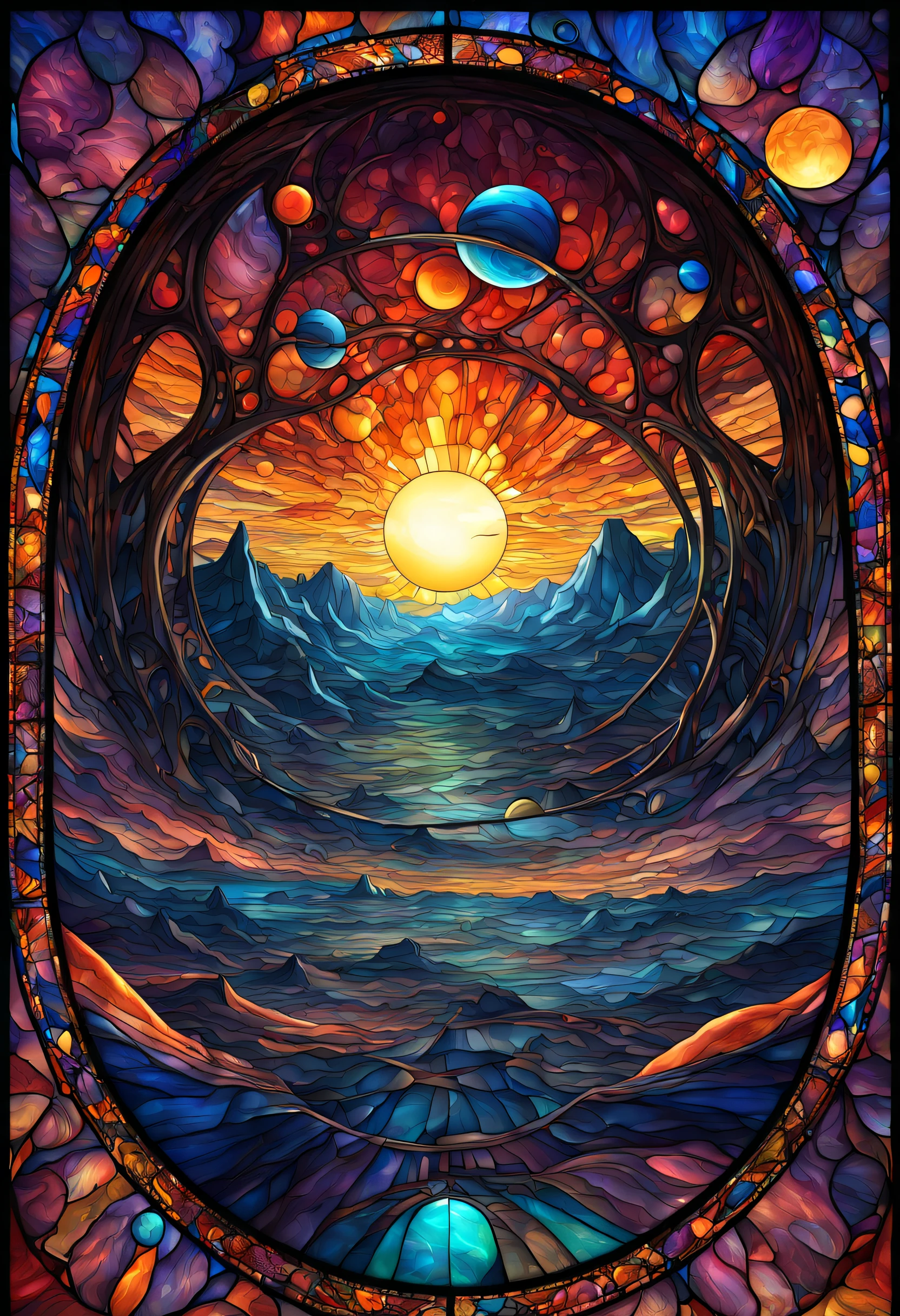 a magnificent sunset on a strange and mysterious alien Stained glass style planete. It's very textured and detailed with dreaming lot of whirlwind multicolored and dreaming dust