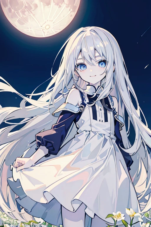 Anime loli -14Platinum extremely long hair, Blue empty eyes, Vertical pupil, mad smile, White dress, very pale skin, Standing in the middle of a field of white flowers against the background of the full moon night sky.