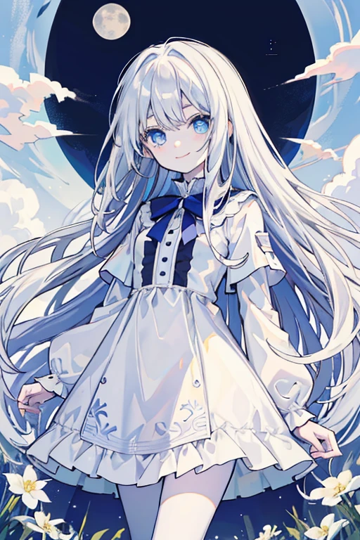 Anime loli -14Platinum extremely long hair, Blue empty eyes, Vertical pupil, mad smile,  White dress, very pale skin, Standing in the middle of a field of white flowers against the background of the full moon night sky.