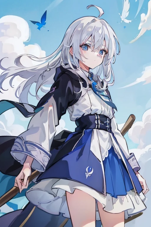 1 girl in、(((Irena)))、Long gray hair、eBlue eyes、sorceress woman、Ride a broom、 flying、Hair Fluttering in the Wind、Vast blue sky、beautiful light spotasterpieces of the highest quality:1.2)). [[bad face]], [[[multiple limbs]]]