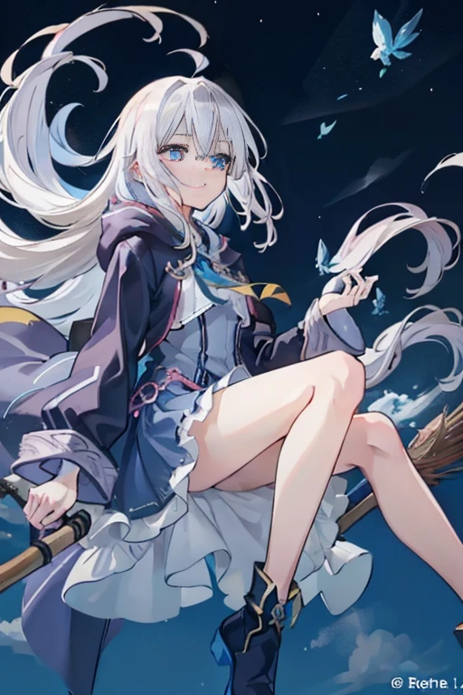 1 girl in、(((Irena)))、Long gray hair、eBlue eyes、sorceress woman、Ride a broom、 flying、Hair Fluttering in the Wind、Vast blue sky、beautiful light spotasterpieces of the highest quality:1.2)). [[bad face]], [[[multiple limbs]]]