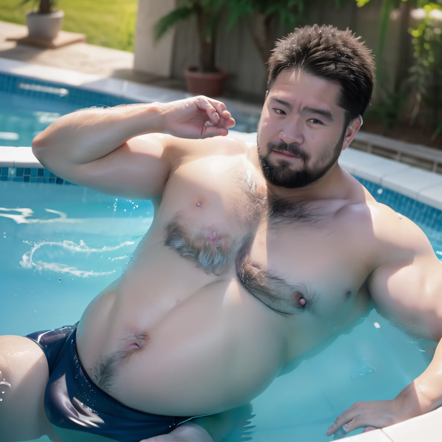 Beard in the swimming pool、Asian man without shirt,  Dad bod, Wet hairy body, potbelly,  Fat belly, Asian male, Attractive strong man,A chubby figure around 55 years old，in a swimming pool, hason, Strong and stocky body