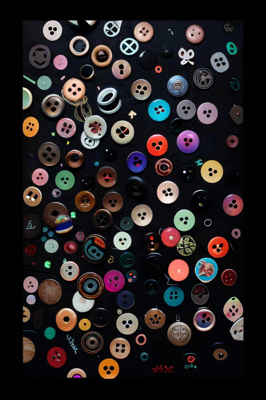 black backgrounds、Lots of colorful buttons scattered around