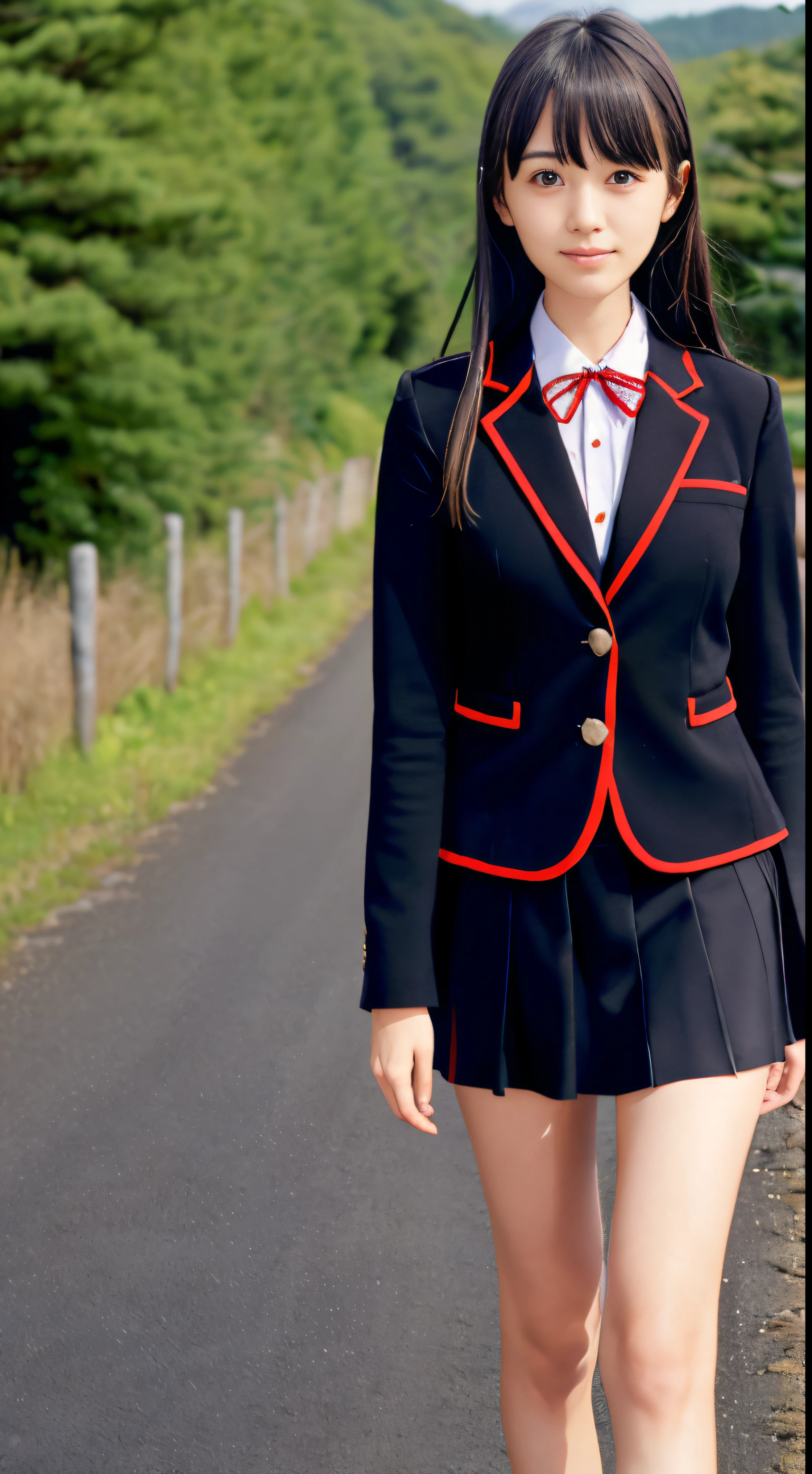 (A close-up portrait of a slender small-breasted girl、Wearing a black blazer uniform with a red cropped collar and a black skirt、I have long silver hair with swept bangs.:1.5)、(A girl walking with a small smile on a Japanese country road:1.5)、(Uniform with a black blazer and a skirt with a red edging collar:1.5)、(Blurry background:1.5)、(Perfect Anatomy:1.5)、Photorealsitic、Raw photography、masutepiece、top-quality、hight resolution、delicate and pretty、face perfect、Beautiful detailed eyes、Fair skin、Real Human Skin、((thin legs))