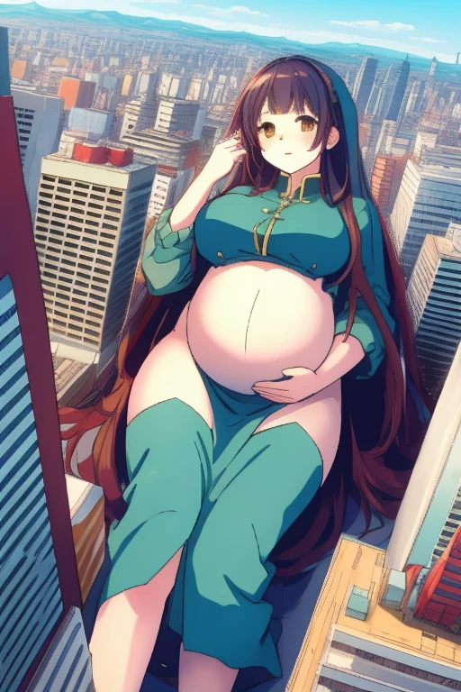 Giant maiden，Moe two-dimensional style，Pregnancy status，Round belly，Gaze at the bustling city, Laying down