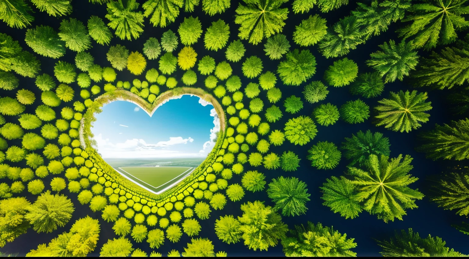 vue aérienne d&#39;A rivière in the shape of the heart on a green champion, Un beau land art, Forme en forme de coeur faite de fleurs, marshy, Land Art, Vue imprenable, Voir ci-dessus, A flot d&#39;amour et de bonheur, Shoot from above, Shoot from above, Formez un cœur avec votre cou, Regardez directement ci-dessus, Elaborate composition, profondeur incroyable, from above, surrealism, High detail, Style rococo, clair-obscur, lighting cinematic, scintiller, Hasselblad, Sony FE , surrealism, clair-obscur, lighting cinematic, Rayons divins, Plan large, panorama, Sony FE , Fujifilm, UHD, retina, Masterpiece, ccurate, anatomiquement correct, super detail, High Details, High quality, high resolucion, Best quality, super detail, award winning, 8k --auto