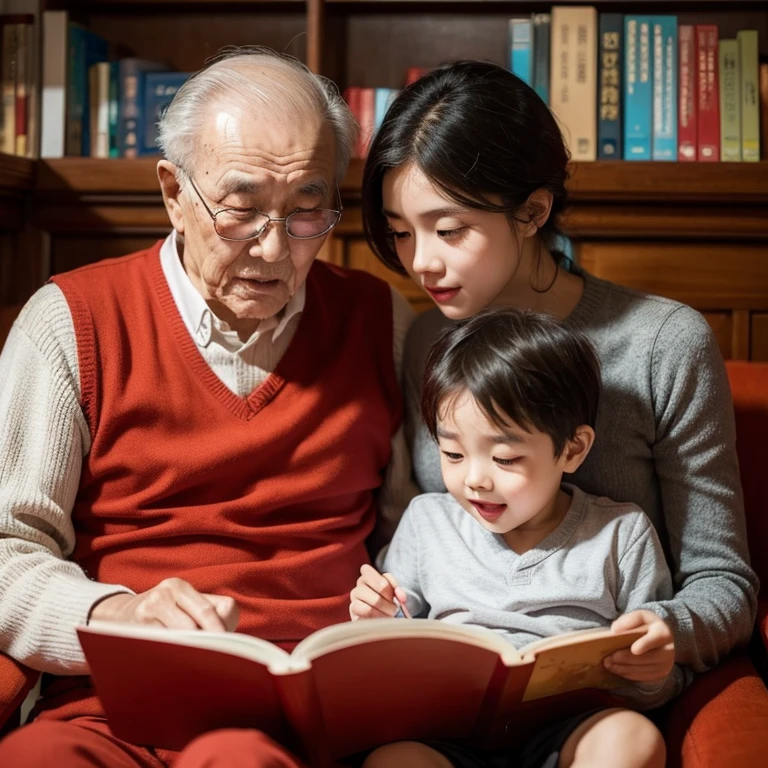 Chinese elderly grandfather and grandson read red books together