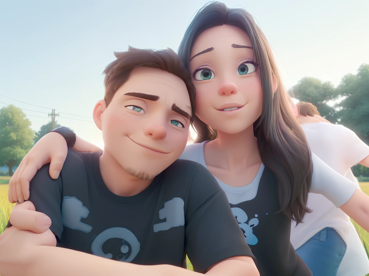 This photo appears to be a selfie of two people. The person on the left is a handsome men wearing a black t-shirt with a white logo on it. The person on the right is a pretty girl wearing a white t-shirt with a blue and pink design on it and she putting her right hand into the shoulder of another person. The background consists of a grassy field and trees. The sky is blue and there are power lines in the background