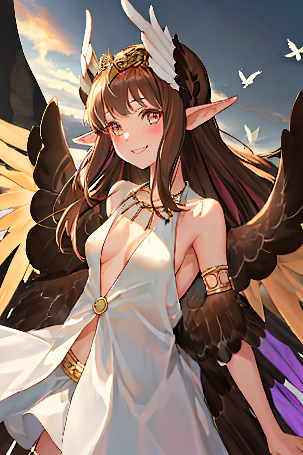 Best Quality, masutepiece, hight resolution, Solo, {Circe_nffsw:1.15}, spiky_Ears, Brown hair、 Head_Wings, Wings, Bangs, feathered_Wings, long_hair, Jewelry, Smile, breasts, Necklace, blush, Small_breasts, Multicolored_Eyes, 1girl in, up looking_で_viewer, _Background、high-level image quality