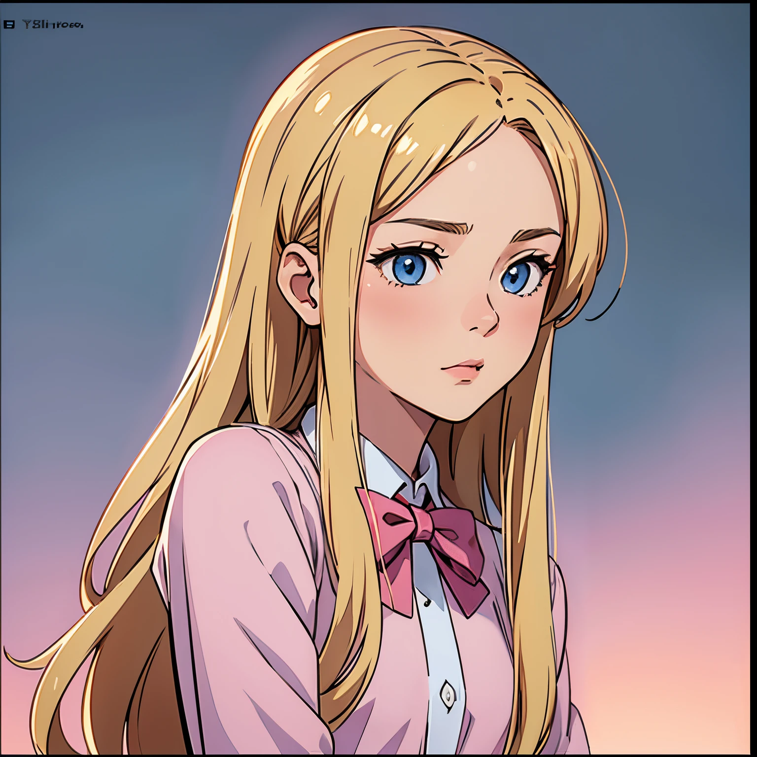 (Best Quality, Sharp anime eyes), elegant, feminine, detailed_background, bedrooom, closeup, straight long hair,side hair bow,pixelated,blush,luca (kuruton486),blonde hair side bow,highres,1girl,letterboxed,solo,kuruton486,pink casual shirt,blue eyes,shirt,parted bangs