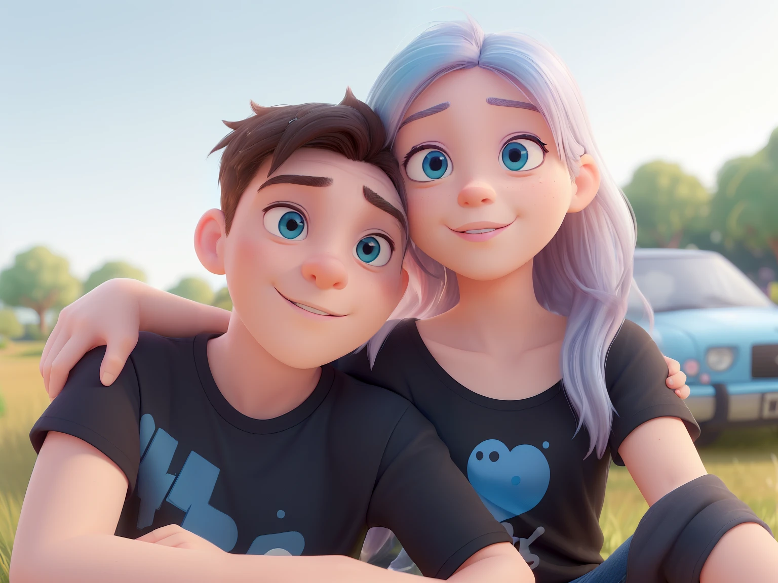 This photo appears to be a selfie of two people. The person on the left is a men wearing a black t-shirt with a white logo on it. The person on the right is a girl wearing a white t-shirt with a blue and pink design on it and she putting her hand into the shoulder of another person. The background consists of a grassy field and trees. The sky is blue