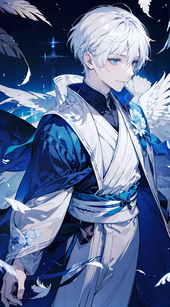 1young man, smile,white short hair,blue eyes,male photo, mysterious atmosphere,big white wings,feathers,kimono,Japanese style,high quality, best quality, 8K, masterpiece,fantastic