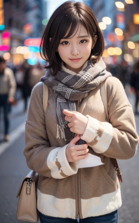 Cute 21 years old Japan、shopping、natta、nighttime scene、date、Super Detail Face、Eye of Detail、二重まぶた、beautiful thin nose、foco nítido:1.2、prety woman:1.4、(light brown hair,short-haired、),fair white skin、top-quality、masterpiece、超A high resolution、(Photorealsitic:1.4)、Highly detailed and professional lighting smile、cute fancy winter clothes、Cute muffler、