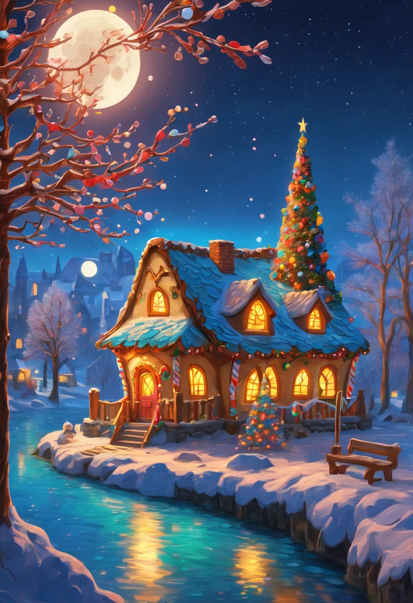 (tmasterpiece),(ultra - detailed:1.3),Best quality at best,(Sparkling:1.2),(Christmas village in dream fairy tale:1.4),(Van Gogh style Christmas architecture: 1.5),(The moon empty),((Delicious sweets,Christmas tree, gifts, Christmas stockings, cute gingerbread man,chocolate house splash)), Illustration style, and decorations, Fantasy Christmas Town, Lovely design style, natta,snowfield,moon full,Vibrant colors、 ((Whimsical and charming fantasy)), Surreal portrait, (Fantasy themed fairy tale village), (Whimsical clockwork accessories), (Colorful, Landscape full of candy), (enchanting, Fantastic creatures), (A vibrant, candy colored building), (Sweets and Candy Road), (Candy Castle) in distance, (Like a mirror, Asymmetric masterpiece clock accessories), (Rich, fantasticcolors), (Twinkling stars) Elevated, (four dimensional dream), (Charming and charming atmosphere), (Playful composition), (Vivid lighting effects), 1.4x realism,hyper HD,Shown in this beautiful scene,(Very meticulous,Reasonable design,Clear lines,High- sharpness,tmasterpiece,offcial art,movie light effect,8K),