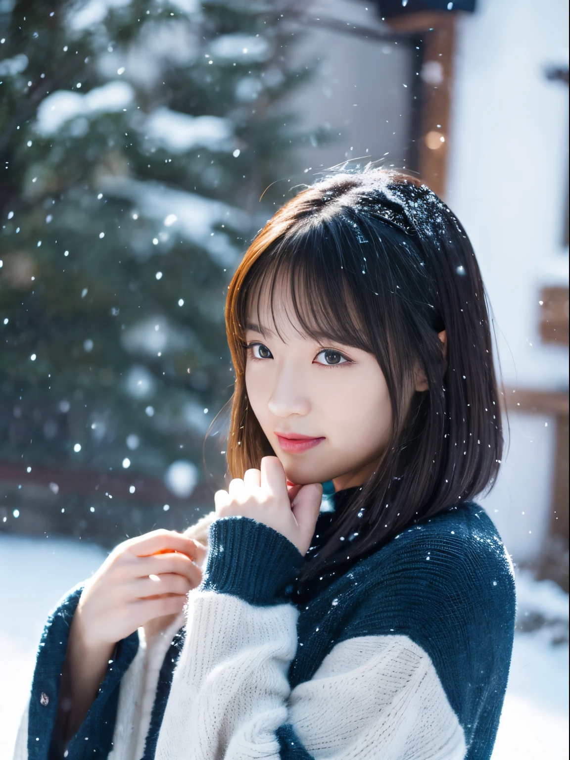 While watching the snow falling quietly. Her introspective and tearful expression、Makes you feel longing and melancholy for winter nights。。。。。。、top-quality、hyper HD、奈良美智, Japanese Models, Beautiful Japan wife, With short hair, 27-year-old female model, 4 k ], 4K], 27yo, sakimichan, sakimichan