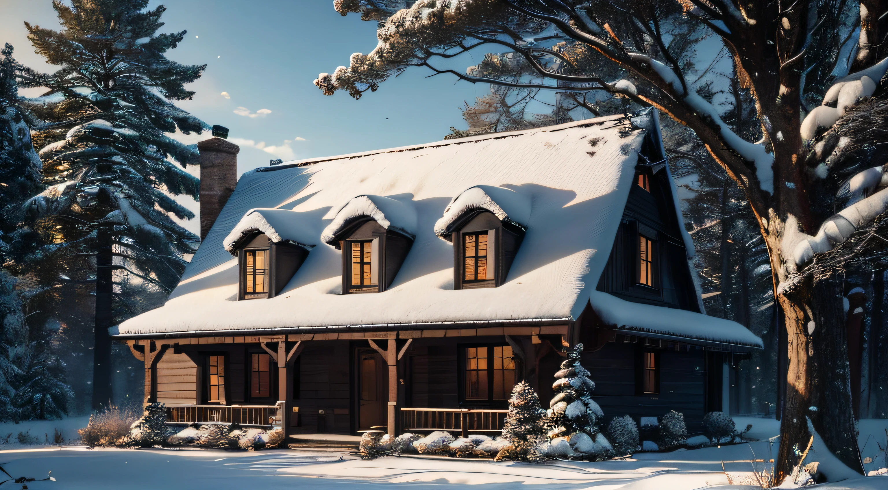 Black background, masterpiece, top quality, best quality, official art, beautiful and aesthetic:1.2),(8k, best quality, masterpiece:1.2), CGgamebuilding gsw, no humans, building, window, traditional media, house, in Yew Forest, Woodland with yew trees, a carpet of red berries under a winter sun