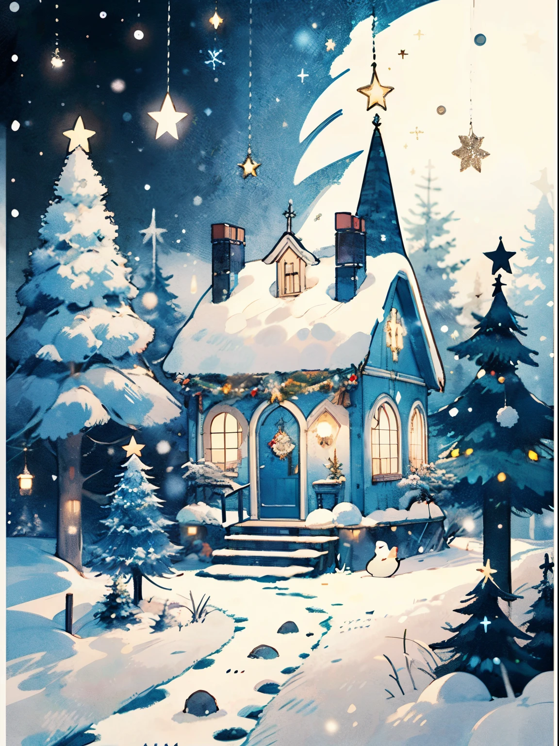 (((Masterpiece))),Best Quality, Whitetown, Russian New Year, Salutes , Bright color, snowing, Christmas tree, balls on the Christmas tree, Hut in the woods, New Year's Eve