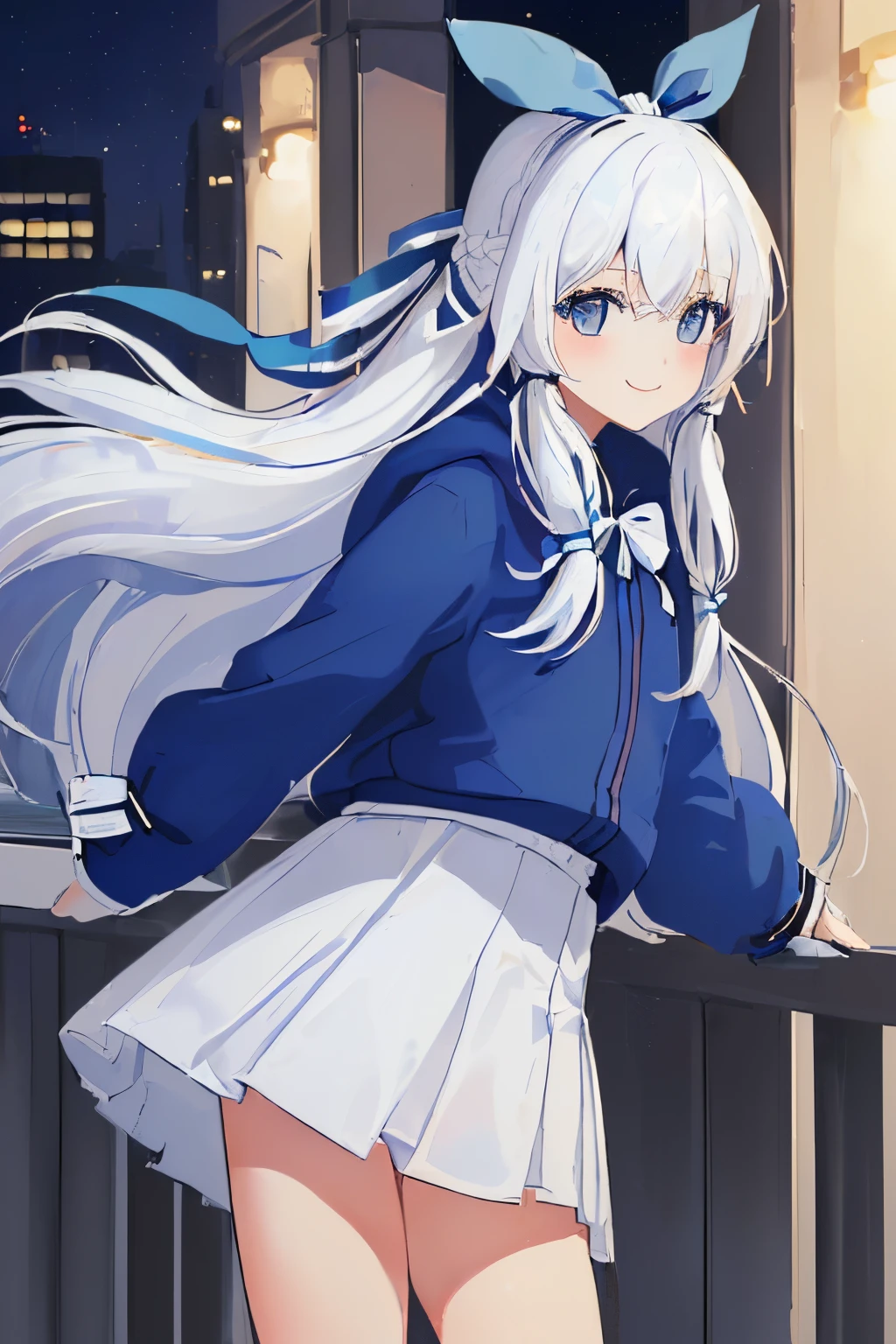 ((Masterpiece), top-quality, Top image quality, ((((solo)))), ((((white hair)))), long hair, ((((blue hairribbon)))), Beautiful blue eyes, Shining eyes, dye one's cheeks red, smile, teens girl, 18yo, cute, loose parka, food up, mini skirt, sleeves_past_wrists, night, city, winter, 8k