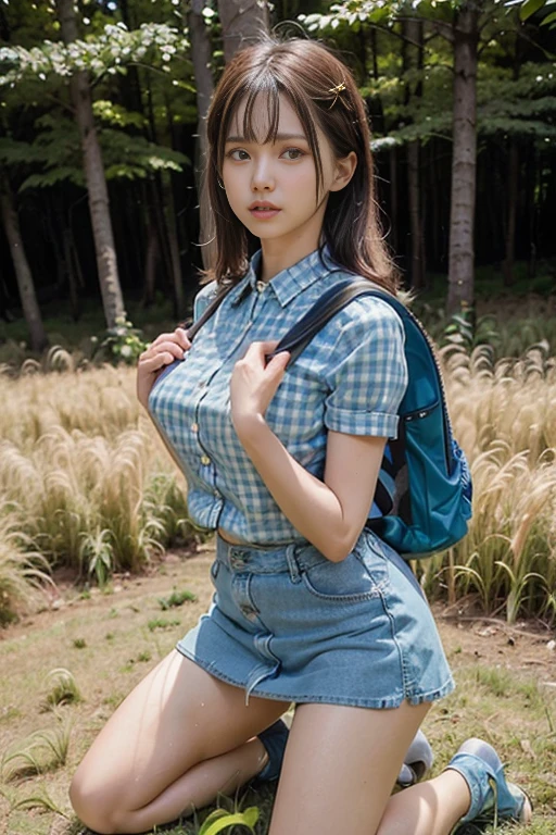 (Natural Landscape Photography), (Best Quality), masutepiece:1.2, 超A high resolution, ((Cowboy Shot:1.4))、Photorealistic:1.4, Raw photo, ((((In the tall grass in the dark forest、90 degree knees、Stand kneeling、Legs wide open:1.4))、Pubic hair and part of the genitals are visible behind the rope.、wetted skin、There is a possibility、pubic shape clearly visible、((Bend both knees and open your legs:1.4))、)), (Wide angle shot), ((blue gingham check short sleeve shirt:1.4)),(1girl in), (Photo from the knee up:1.3), (18 years old), (Happy:1.2), (wetted skin), (Real Skin), (Semi-long hair, dark brown hair)、 ((Denim skirt with emphasis on thighs:1.4)), ((Carrying a large backpack:1.4)), (hyperdetailed face), (Super Beautiful Maid), (Ultra detailed eyes), (Ultra-detailed nose), (Ultra detailed mouth), (Ultra detailed arms), (ultra detailed body), Pan Focus, gaze at the audience、terrified expression