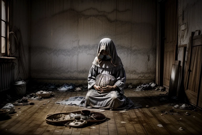 (((a poor woman sitting on the floor with a baby on her lap))), roupas sujas, filho da pobreza, miserable, man standing beside, sofrimento, sentada, sarjeta, dirty water, A dirty child, despojados de dignidade, on the margins of society, insalubre, (((um beco imundo))), latas de lixo, pedindo esmola, mulher sentada, (misery in real life), (landscape with a pale gray sun), luzes evidenciam a mulher, beco com latas de lixo, gray sky, luzes com vapores, miasmas, espectros, foco na mulher e no bebe, ambiente cheio de vapores