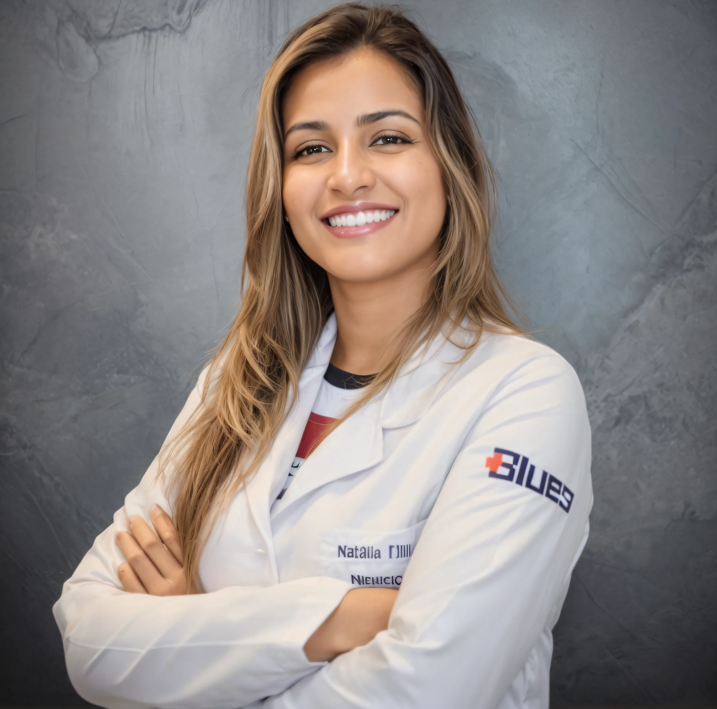 uma mulher com um jaleco sorrindo para uma foto, vestindo jaleco e blusa, by Amelia Peláez, Estefania Villegas Burgos, medic, imagem profissional, foto de closeup profissional, julia sarda, imagem profissional, wearing lab coat and glasses, imagem de perfil, Caroline Gariba, Nilo, foto de perfil profissional, fundo desfocado