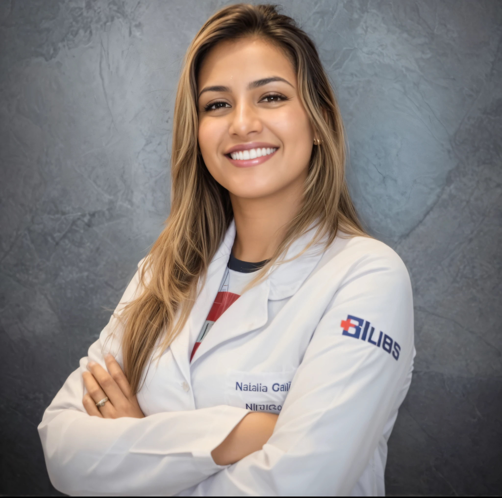 uma mulher com um jaleco sorrindo para uma foto, vestindo jaleco e blusa, by Amelia Peláez, Estefania Villegas Burgos, medic, imagem profissional, foto de closeup profissional, julia sarda, imagem profissional, wearing lab coat and glasses, imagem de perfil, Caroline Gariba, Nilo, foto de perfil profissional, fundo desfocado